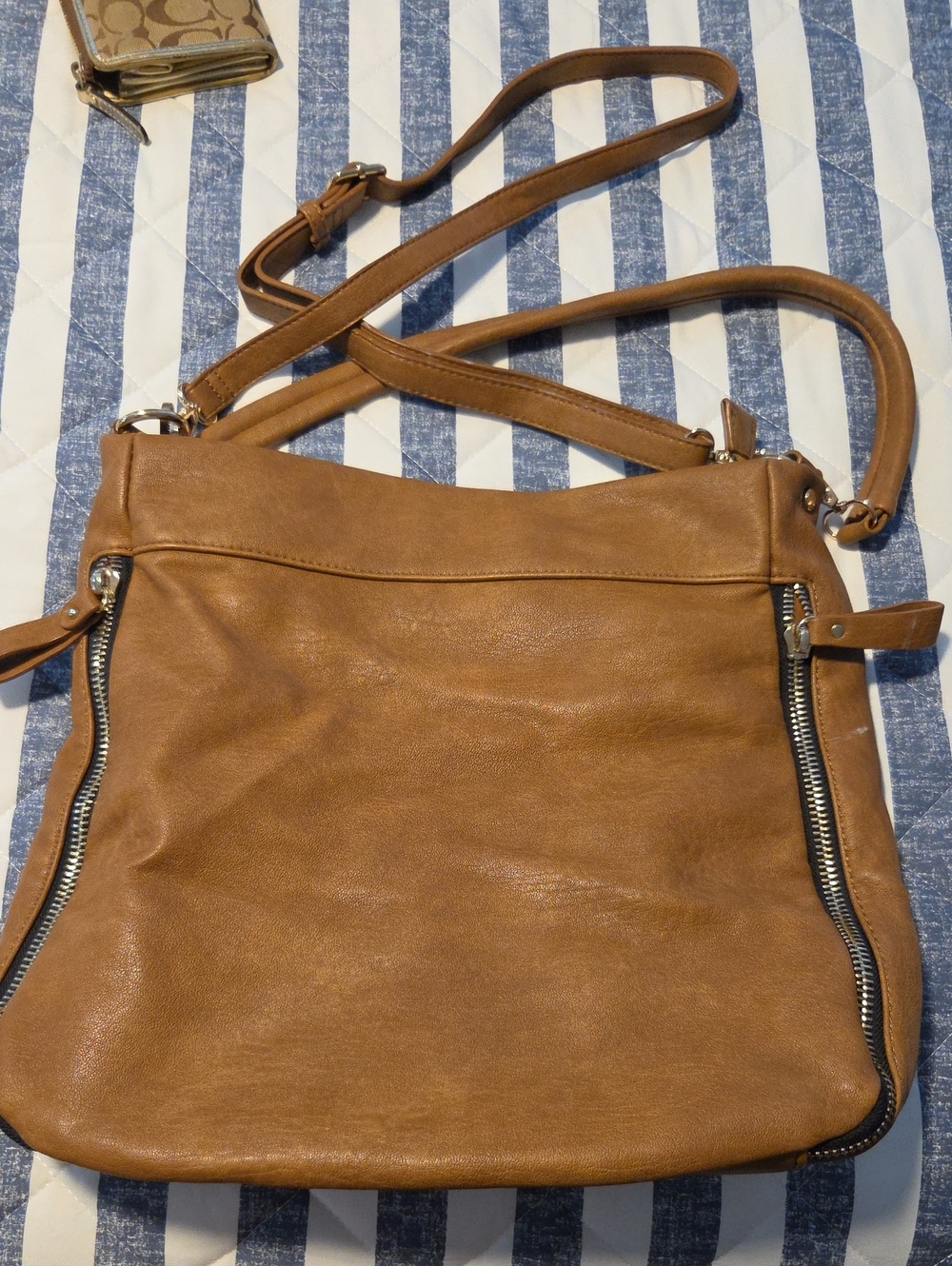 Madison West Tan Crossbody Bag with Silver Zippers